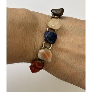 Vintage Link Bracelet Natural Multicolor Agate Gemstones Boho Hippie Jewelry 8"